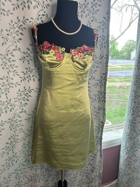 Princess Polly Green Satin Maxi Dress with Pink Floral Embroidery